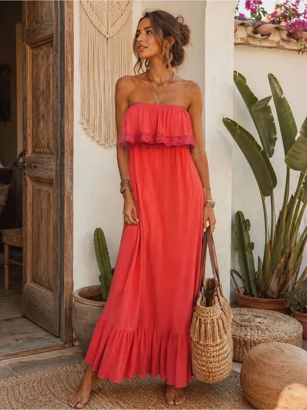 iris Boho Chic Strapless Maxi Dress in Orange